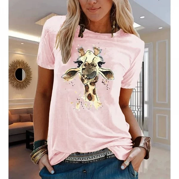 T-shirt à Manches Courtes en Coton pour Femme, Vêtement Esthétique, Imprimé Animal et Fleur, Graphique, 100|8,99 €|OKKO MODE