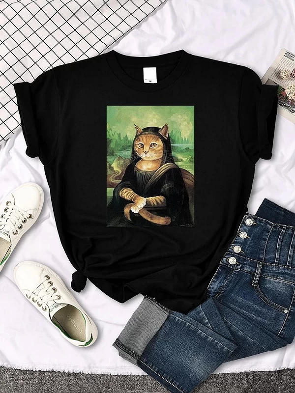 T-shirts Mona Lisa étreignant chat beau t-shirt imprimé mignon pour femmes ras du cou gothique femmes t-shirt décontracté surdim|7,19 €|OKKO MODE