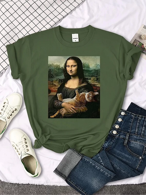 T-shirts Mona Lisa étreignant chat beau t-shirt imprimé mignon pour femmes ras du cou gothique femmes t-shirt décontracté surdim|7,19 €|OKKO MODE