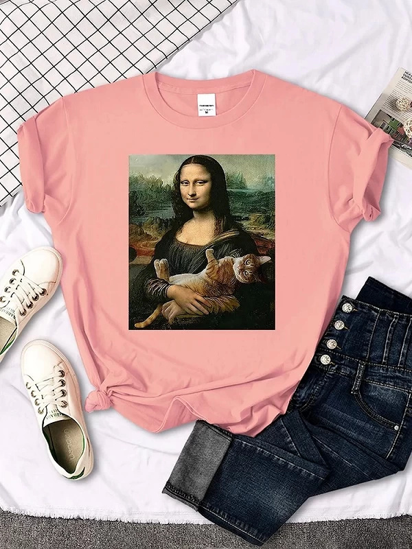 T-shirts Mona Lisa étreignant chat beau t-shirt imprimé mignon pour femmes ras du cou gothique femmes t-shirt décontracté surdim|7,19 €|OKKO MODE