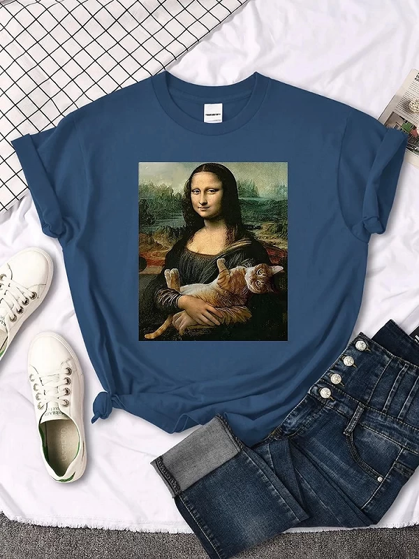 T-shirts Mona Lisa étreignant chat beau t-shirt imprimé mignon pour femmes ras du cou gothique femmes t-shirt décontracté surdim|7,19 €|OKKO MODE