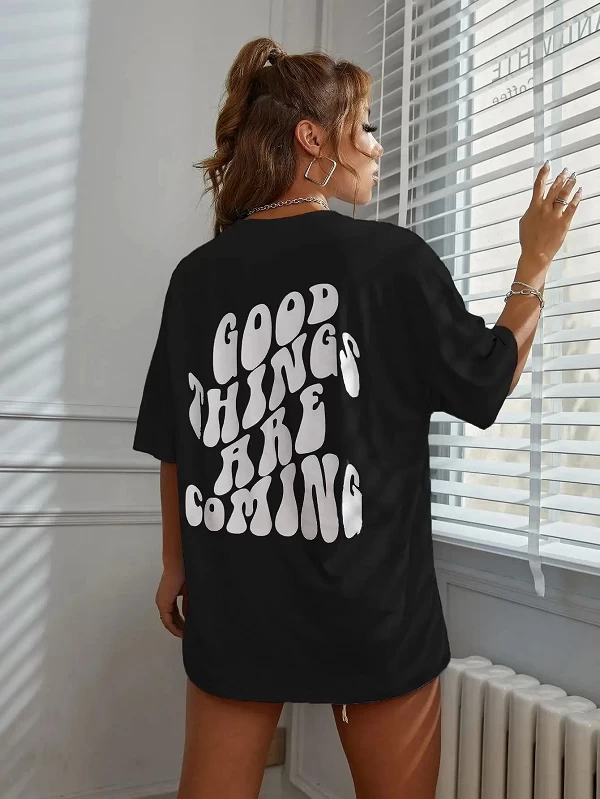 T-Shirt imprimé Good Thing Are Coming pour femme, vêtement d'été doux et respirant, décontracté et à la mode, S-média|11,00 €|OKKO MODE