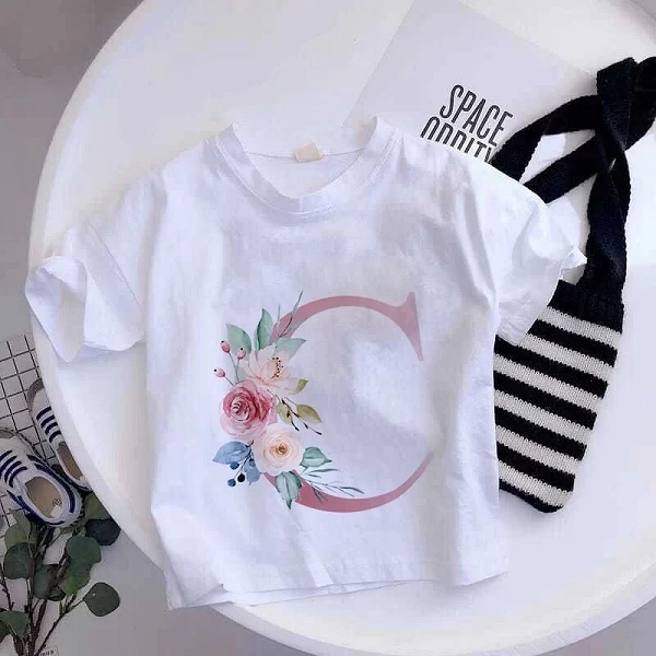 T-shirt à manches courtes pour enfants, lettres de l'alphabets au choix dessin animé, vêtements décontractés pour enfants, fille|5,39 €|OKKO MODE