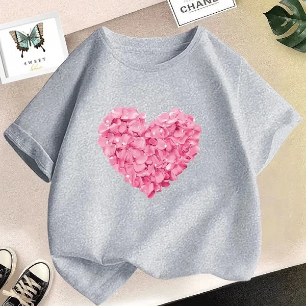 T-shirt à imprimé floral rose pour fille, vêtement décontracté et mignon, à la mode, cadeau pour enfant, été|5,92 €|OKKO MODE