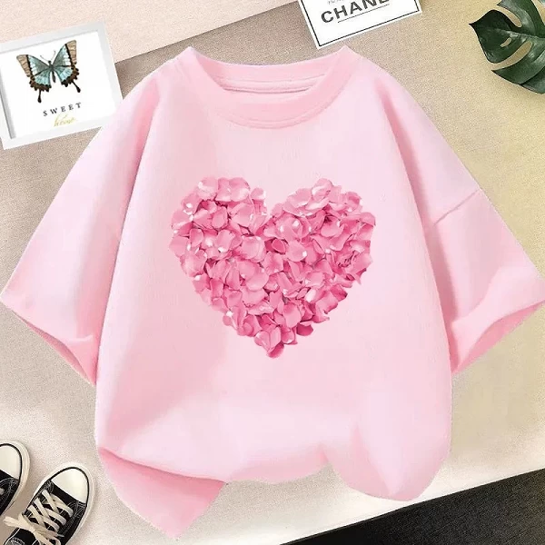 T-shirt à imprimé floral rose pour fille, vêtement décontracté et mignon, à la mode, cadeau pour enfant, été|5,92 €|OKKO MODE