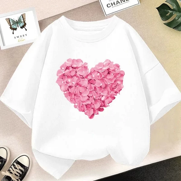 T-shirt à imprimé floral rose pour fille, vêtement décontracté et mignon, à la mode, cadeau pour enfant, été|5,92 €|OKKO MODE