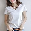 T-shirt à manches courtes et col en V pour femme, vêtement d'extérieur décontracté, en coton, couleur unie, blanc, noir|5,59 €|OKKO MODE