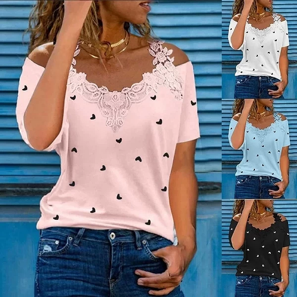 T-shirt de algodão feminino verão moda V-neck manga curta bordado S-3XL