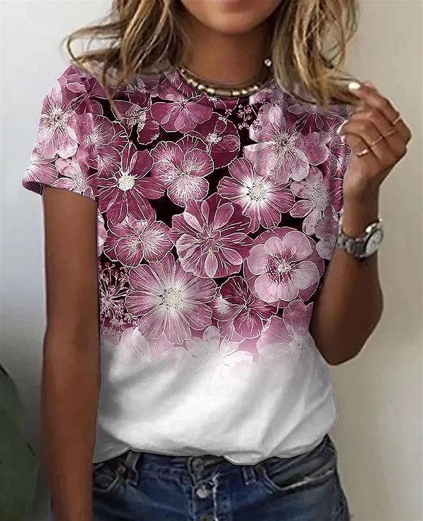 T-shirt col rond pour femme, estival et décontracté, surdimensionné, imprimé Floral en 3D, Y2K|8,99 €|OKKO MODE