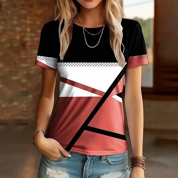 T-shirt imprimé à rayures 3D pour femmes, haut à manches courtes, col rond décontracté, motif géométrique, streetwear féminin, m|12,99 €|OKKO MODE