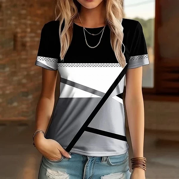 T-shirt imprimé à rayures 3D pour femmes, haut à manches courtes, col rond décontracté, motif géométrique, streetwear féminin, m|12,99 €|OKKO MODE