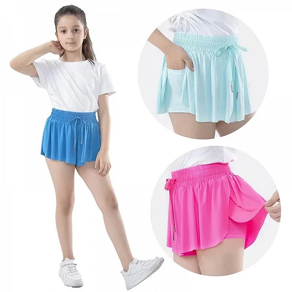 2-in-1 Girls' Athletic Shorts with Butterfly Pocket for Ages 3-15