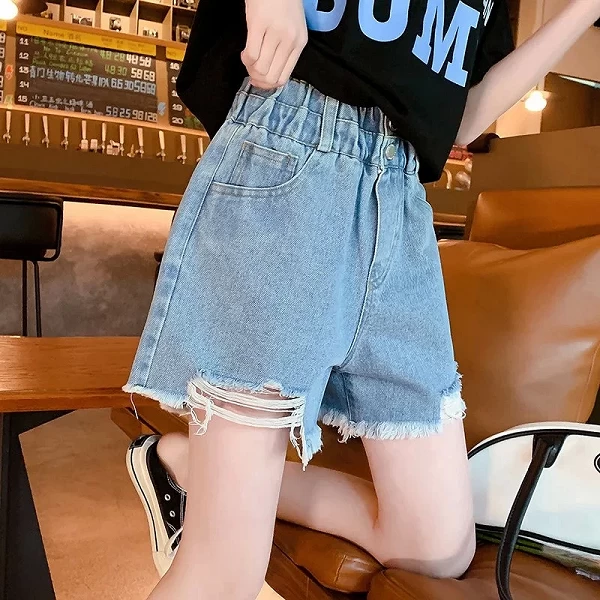 Shorts d'été déchirés pour filles, style rétro décontracté, taille élastique, jeans, vêtements pour enfants de 6, 8, 10, 12, 14 |10,94 €|OKKO MODE