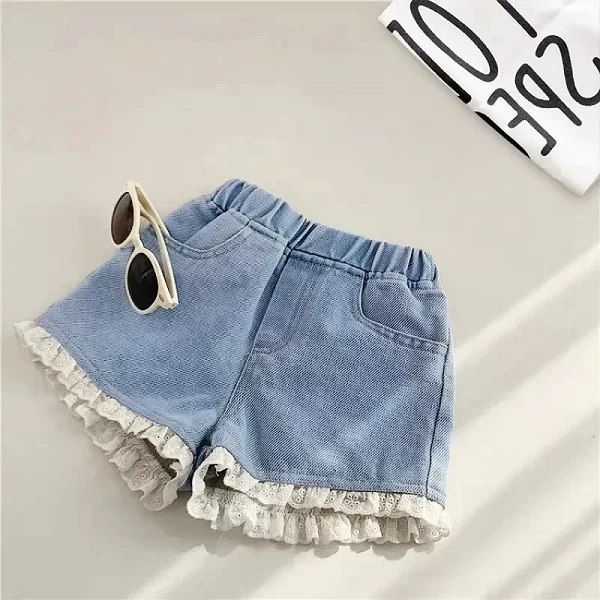 Short en Denim Bleu Décontracté à Taille artificiel astique pour Enfant de 4 à 10 Ans, Pantalon Court d'Été pour Fille|9,88 €|OKKO MODE