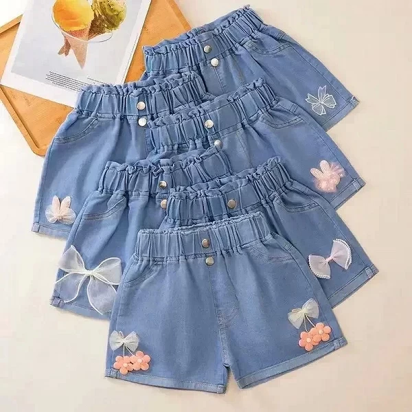 Short en Denim Bleu Décontracté à Taille artificiel astique pour Enfant de 4 à 10 Ans, Pantalon Court d'Été pour Fille|9,88 €|OKKO MODE