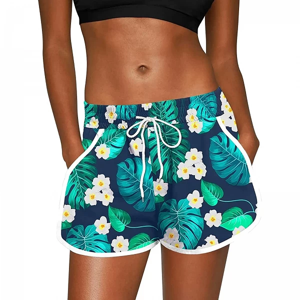 Maillot de bain à poches élastiques pour femme, short de plage à fleurs, taille élastique, décontracté, confortable, mode sporti|10,07 €|OKKO MODE