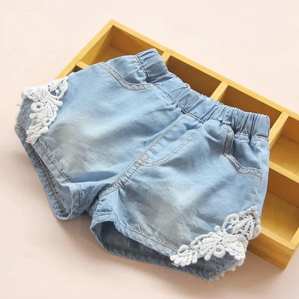 Blue Cotton Denim Jeans for Kids and Babies, Lace Trim Patchwork Shorts