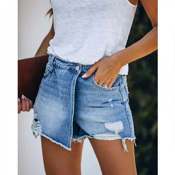 Faldas de mezclilla para mujeres, shorts rasgados color sólido verano.