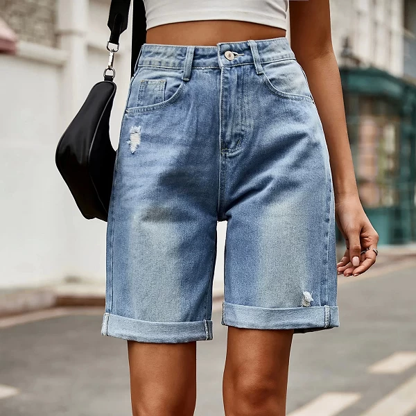 Short en denim à ourlets roulés pour femmes, trous cassés, taille haute, droit, mini jean, commpiedmont, décontracté, femme, pan|23,00 €|OKKO MODE