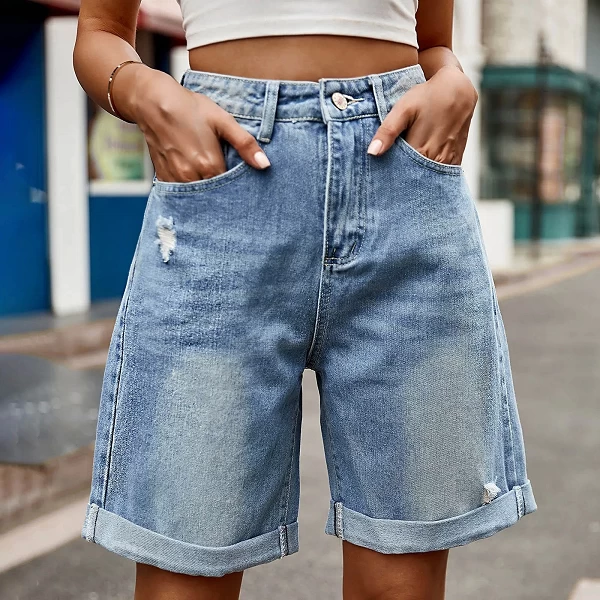 Short en denim à ourlets roulés pour femmes, trous cassés, taille haute, droit, mini jean, commpiedmont, décontracté, femme, pan|23,00 €|OKKO MODE