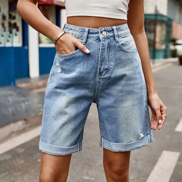 Short en denim à ourlets roulés pour femmes, trous cassés, taille haute, droit, mini jean, commpiedmont, décontracté, femme, pan|23,00 €|OKKO MODE