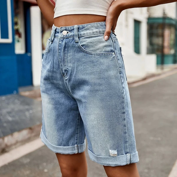 Short en denim à ourlets roulés pour femmes, trous cassés, taille haute, droit, mini jean, commpiedmont, décontracté, femme, pan|23,00 €|OKKO MODE