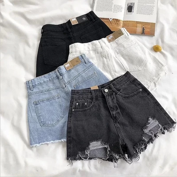 Short en jean déchiré taille haute pour femme, mode coréenne d'été, jean décontracté, poche, pompon, pantalon chaud, streetwear,|9,02 €|OKKO MODE