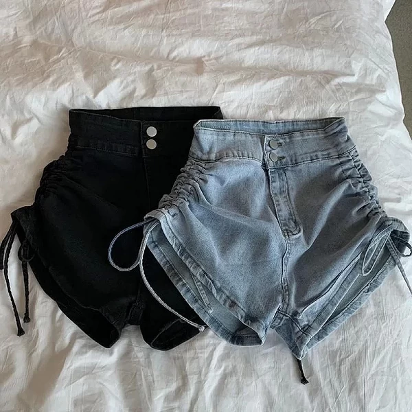 MEXZT-Short en jean noir taille haute pour femme, streetwear, froncé, Y2K, Harajuku, pantalon court, slim, sexy, coréen, été, no|17,15 €|OKKO MODE