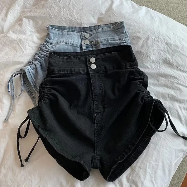 MEXZT-Short en jean noir taille haute pour femme, streetwear, froncé, Y2K, Harajuku, pantalon court, slim, sexy, coréen, été, no|17,15 €|OKKO MODE