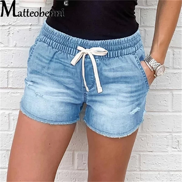 Short court en jean déchiré pour femme, taille moyenne, à lacets, mode d'été, sexy, denim, décontracté, élastique, vintage, minc|18,89 €|OKKO MODE