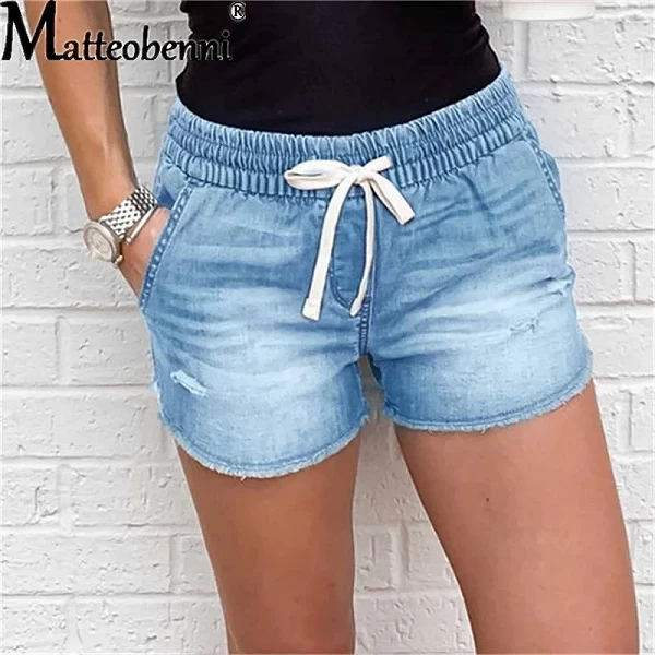 Short jeans feminino rasgado com cintura média e amarração - Verão sexy vintage