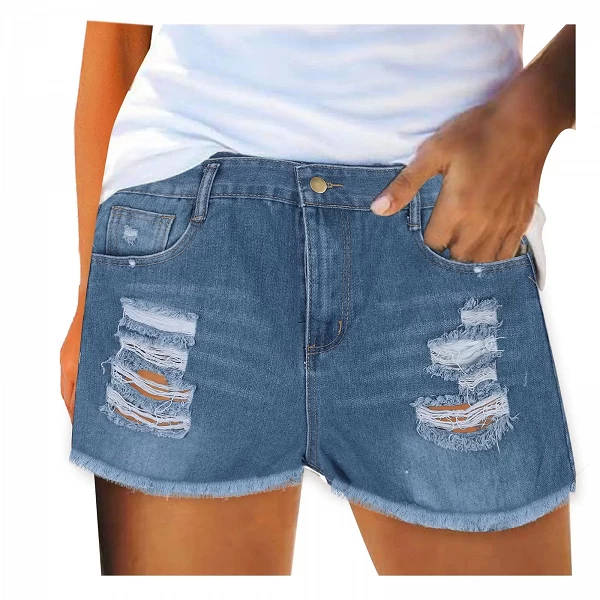 Short en jean bleu taille haute pour femme, jean droit boutonné, short slim décontracté pour femme, short troué, été, nouveau|15,07 €|OKKO MODE