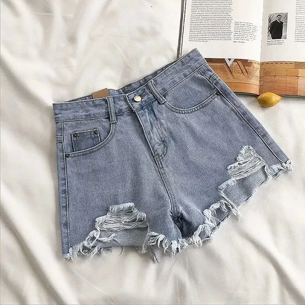 Short de cowboy taille haute pour femme, short en denim bleu décontracté, poche, pompon, jean perforé, mode coréenne, Y2K, été|11,00 €|OKKO MODE