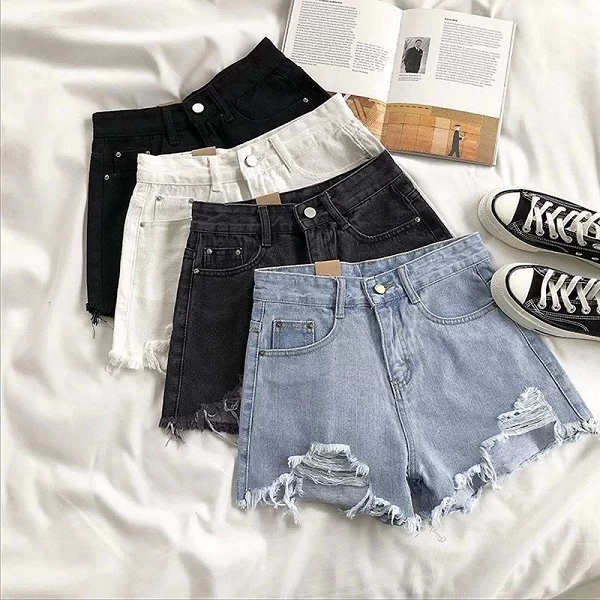 Short en jean taille haute à jambes larges pour femmes, denim coréen, trous, mode féminine, designer, décontracté, rue, court, n|10,91 €|OKKO MODE