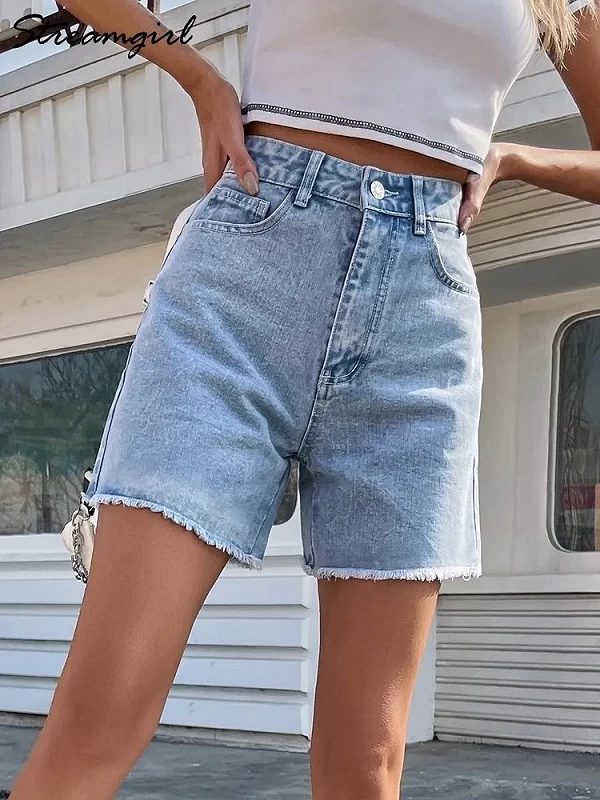 Short de jean azul para mujer, cintura alta - Estilo casual y elegante
