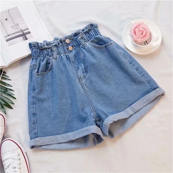 Short en denim en coton bleu pour femme, taille élastique, short décontracté pour femme, jambe large, mode coréenne, été|17,15 €|OKKO MODE