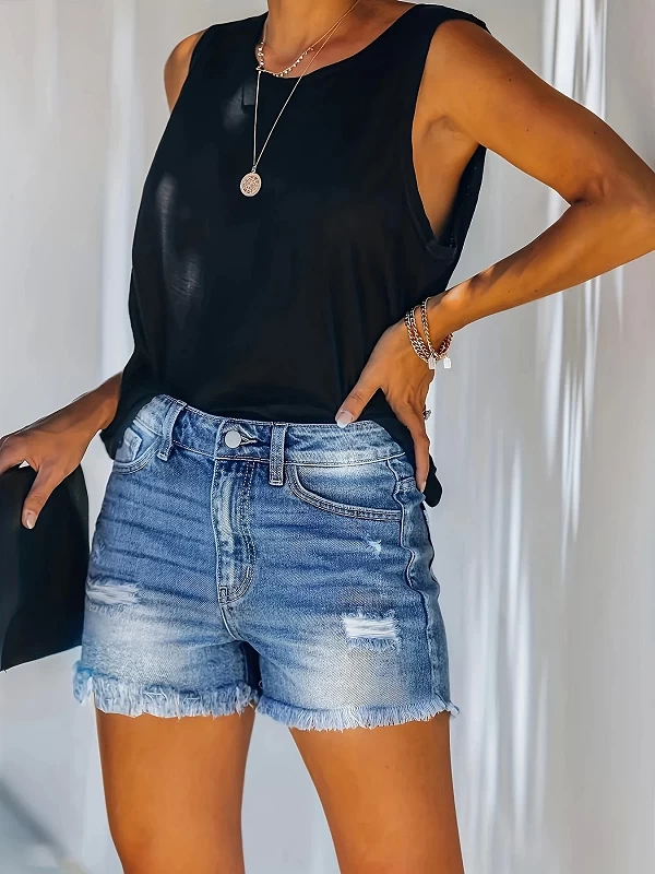 Short en denim à ourlet effiloché bleu, trous déchirés, poches slash, pantalon court en denim, jeans et vêtements pour femmes|18 784,79 €|OKKO MODE