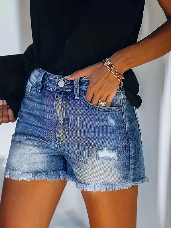 Short en denim à ourlet effiloché bleu, trous déchirés, poches slash, pantalon court en denim, jeans et vêtements pour femmes|18 784,79 €|OKKO MODE