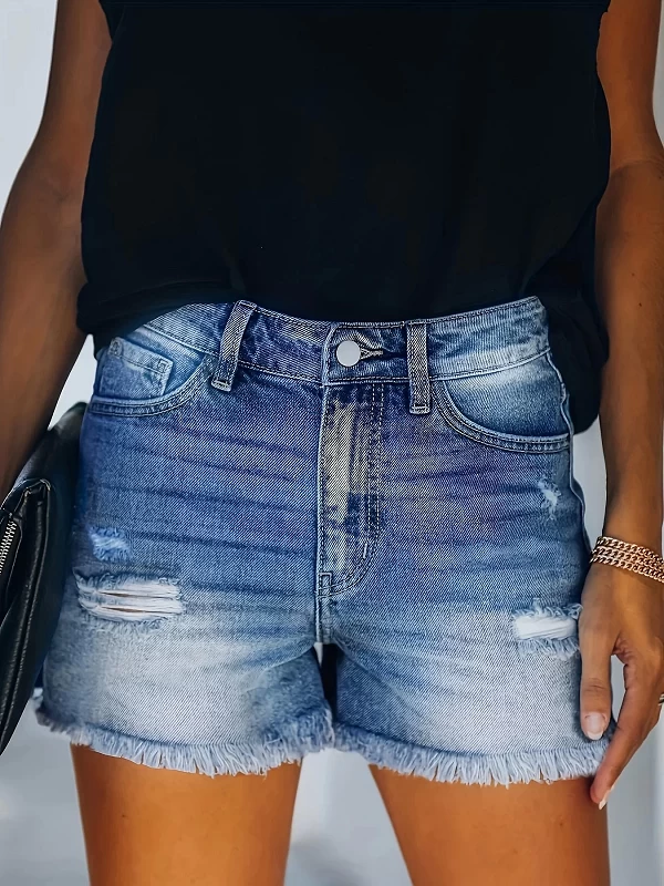 Short en denim à ourlet effiloché bleu, trous déchirés, poches slash, pantalon court en denim, jeans et vêtements pour femmes|18 784,79 €|OKKO MODE