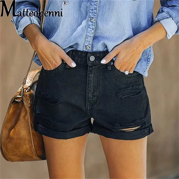 Short en jean taille haute pour femme, décontracté, mode vintage, élastique, maigre, déchiré, sertissage, commandé, nouveau, été|20,90 €|OKKO MODE