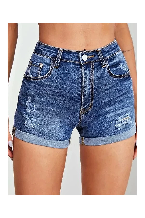 Short en denim déchiré pour femme, coupe couvertes, élastique, serré, taille haute, bord brut droit, pantalon chaud A-line, bleu|17,84 €|OKKO MODE