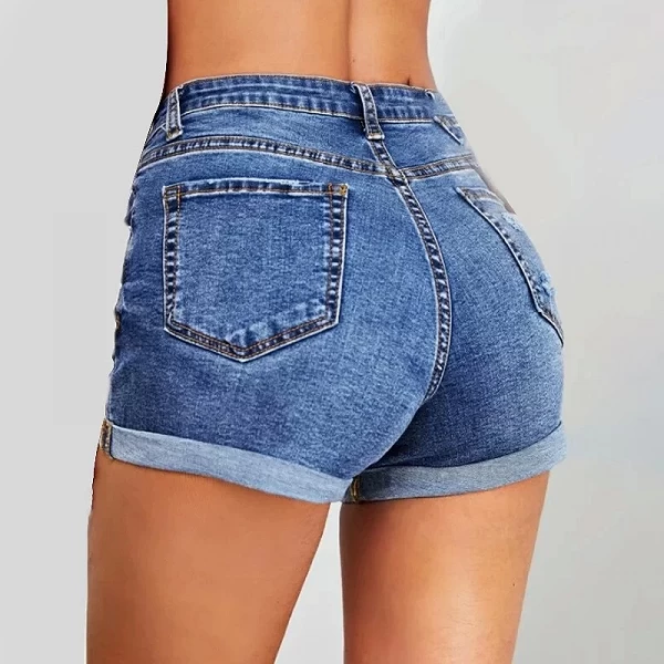 Short en denim déchiré pour femme, coupe couvertes, élastique, serré, taille haute, bord brut droit, pantalon chaud A-line, bleu|17,84 €|OKKO MODE