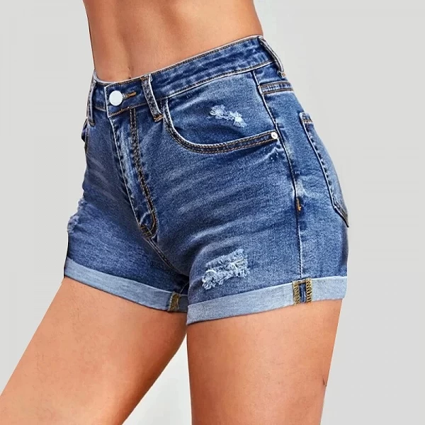 Short en denim déchiré pour femme, coupe couvertes, élastique, serré, taille haute, bord brut droit, pantalon chaud A-line, bleu|17,84 €|OKKO MODE