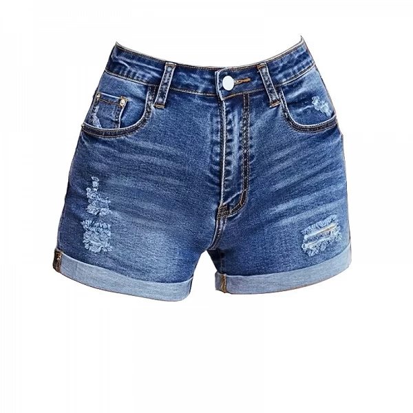 Short en denim déchiré pour femme, coupe couvertes, élastique, serré, taille haute, bord brut droit, pantalon chaud A-line, bleu|17,84 €|OKKO MODE