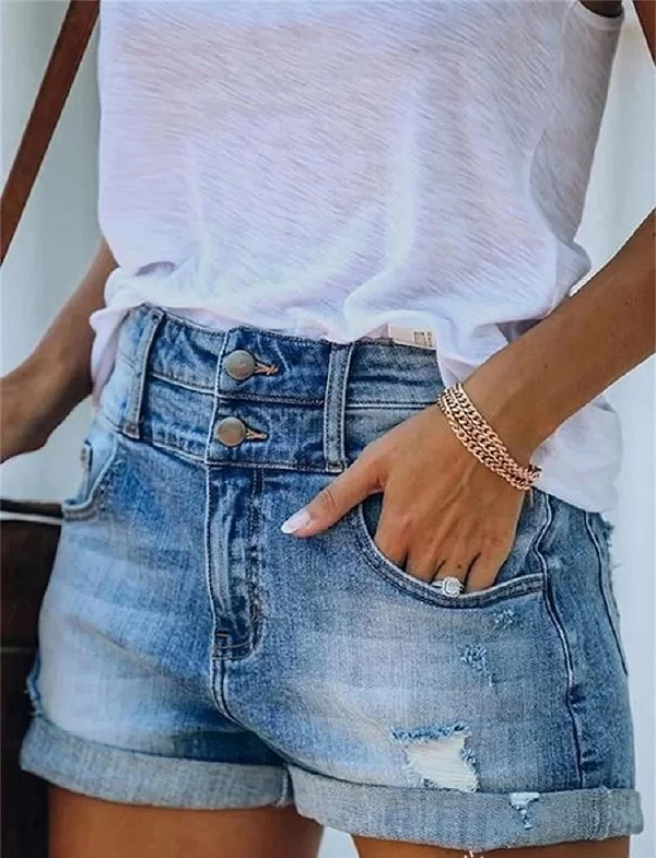 Short en jean skinny en denim roulé pour femme, taille haute, trou vintage, poche décontractée, short court, hotpants pour femme|20,00 €|OKKO MODE