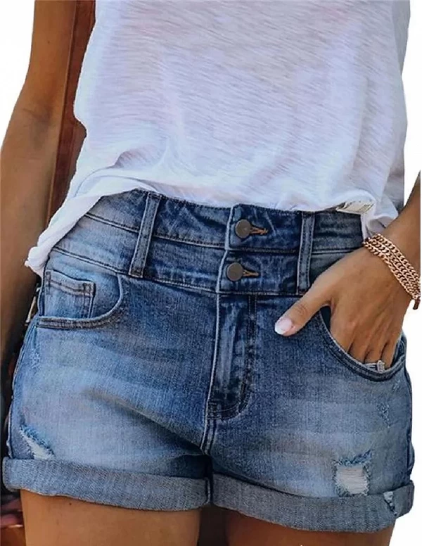 Short en jean skinny en denim roulé pour femme, taille haute, trou vintage, poche décontractée, short court, hotpants pour femme|20,00 €|OKKO MODE