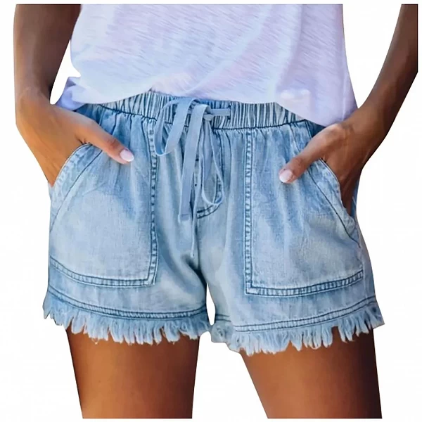 Short en Jean Décontracté avec Poches pour Femme, Ourlet à Pompon, Taille artificiel astique, Bijou Doux, Été|17,84 €|OKKO MODE