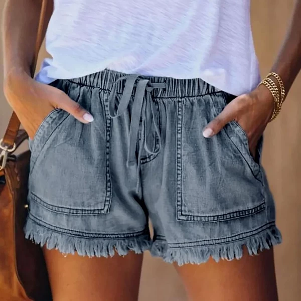 Short en Jean Décontracté avec Poches pour Femme, Ourlet à Pompon, Taille artificiel astique, Bijou Doux, Été|17,84 €|OKKO MODE