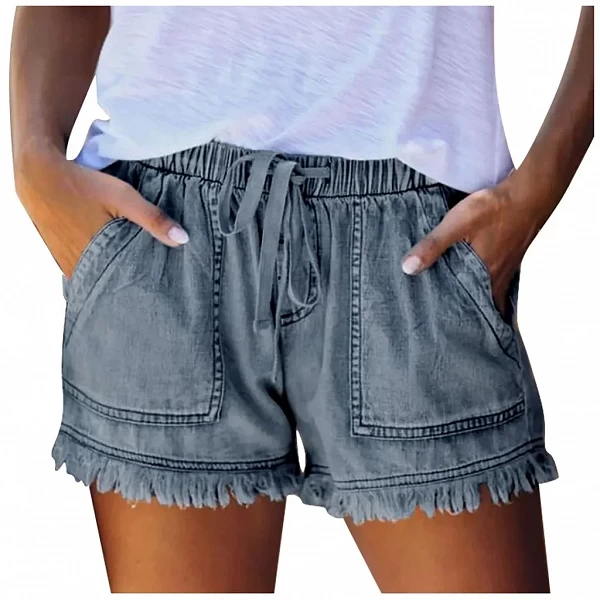 Short en Jean Décontracté avec Poches pour Femme, Ourlet à Pompon, Taille artificiel astique, Bijou Doux, Été|17,84 €|OKKO MODE