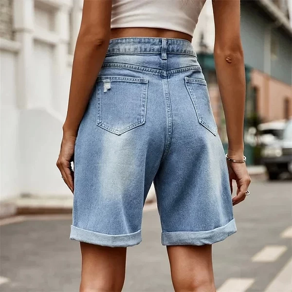 Short en denim taille haute pour femme avec trous cassés, pantalon cinq quarts, décontracté, mini jean droit, surintendant, jamb|23,96 €|OKKO MODE